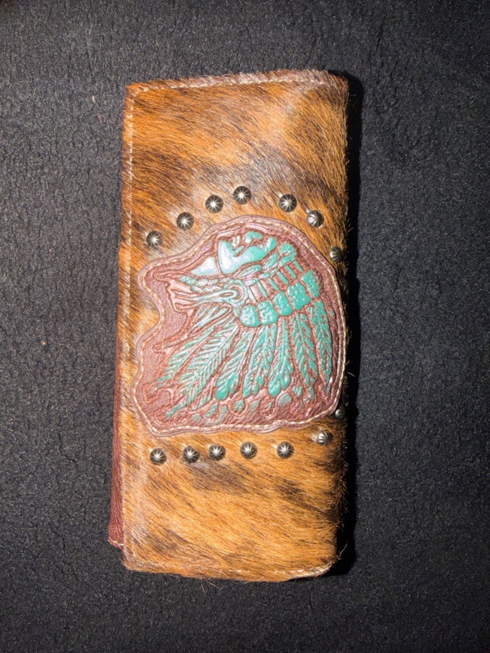 Montana west Hide Brown Hair-On Leather Wallet with Turquoise Feather Patch